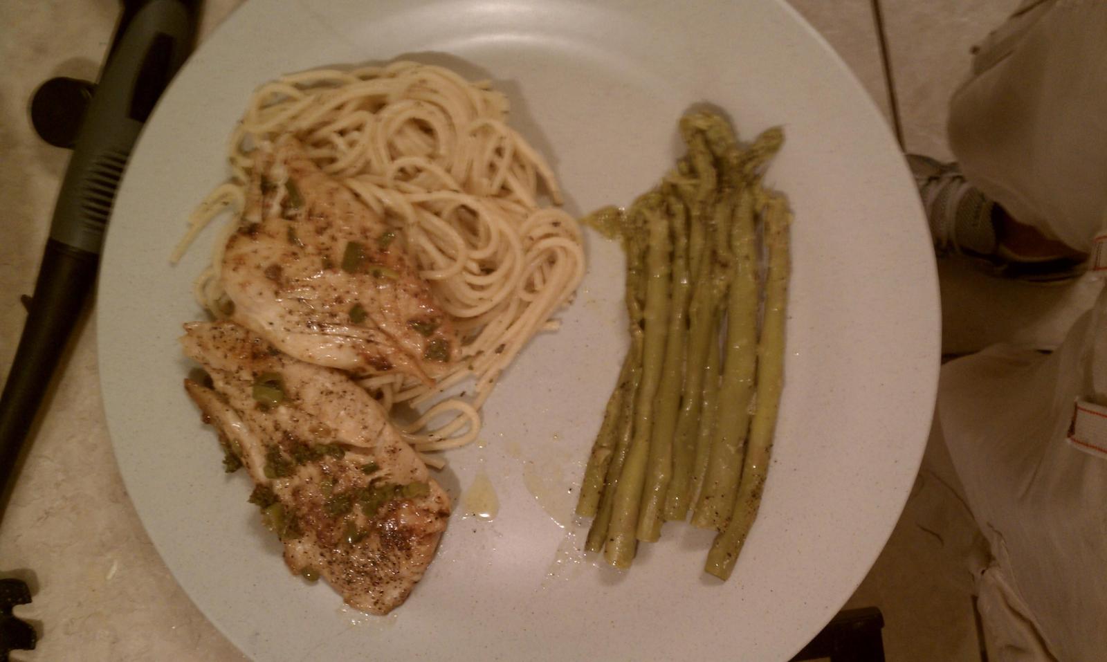 Absolutely delicious triggerfish dish served over pasta with fresh asparagus... if anyone wants a taste of some good ol cajun cooking, let me know and i will post the recipe